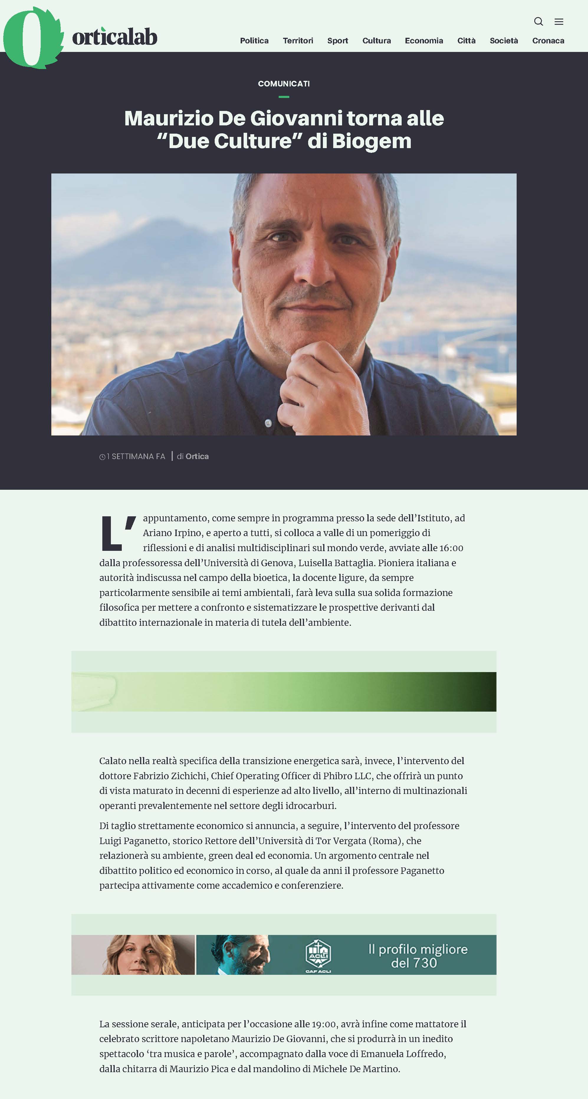 Maurizio De Giovanni torna alle “Due Culture” di Biogem